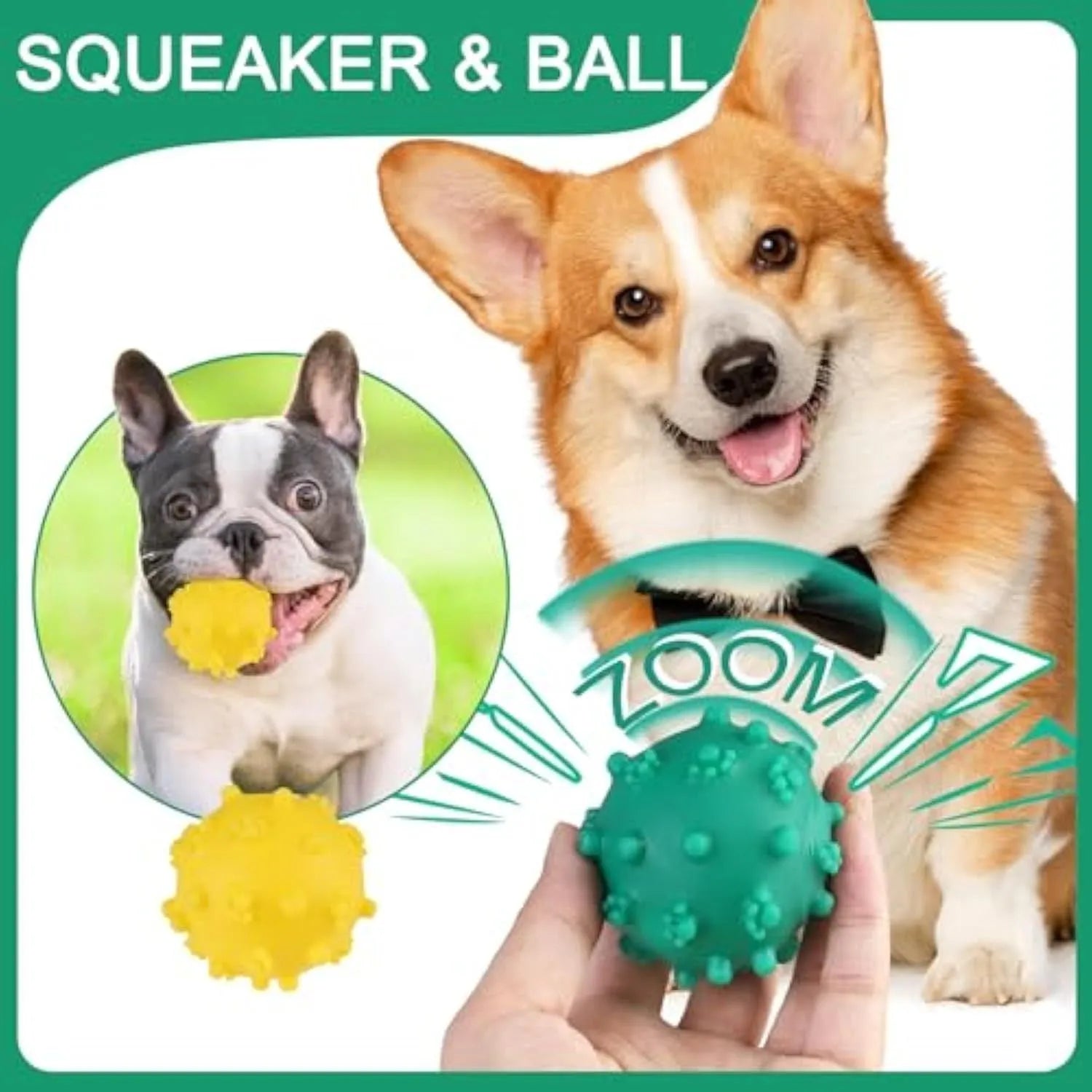Four brightly coloured spiked dog toy balls with paw print dimples for small breed dogs