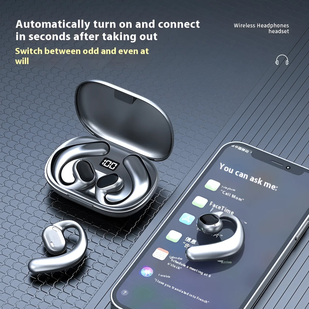 Black or white ear-mounted Bluetooth wireless headset with digital display screen