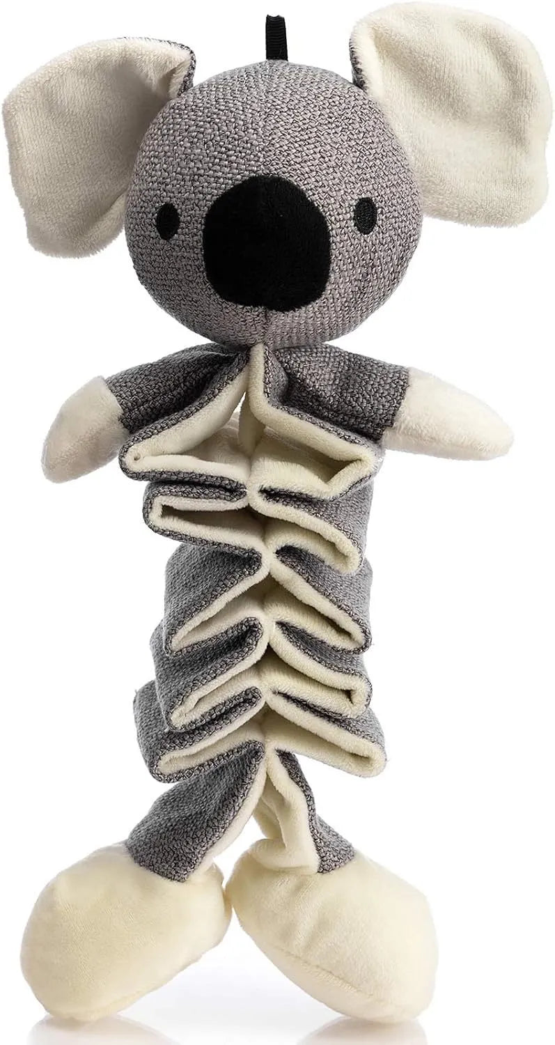Grey koala plush dog toy measuring 30cm with rope reinforcement and crinkle paper inside.