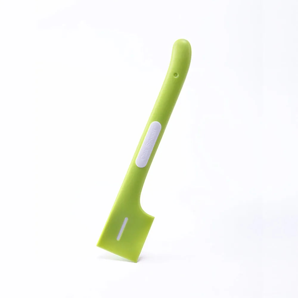 Long-handled green pet food spoon for canned wet food with angled scraper design
