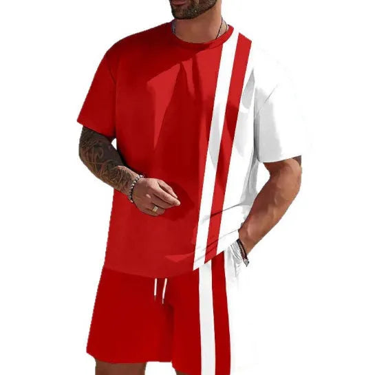 Men's loose-fit summer lounge suit set showing short-sleeved t-shirt and matching shorts in polyester fabric