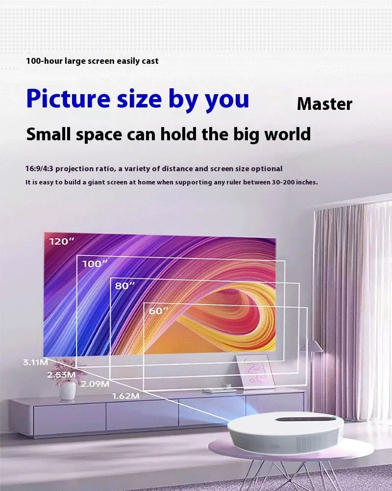White 720p HD home theatre projector with remote control on a table.
