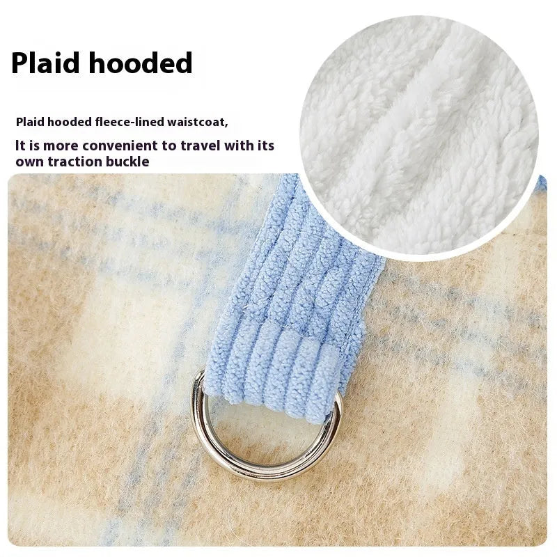 Blue corduroy pet hoodie vest with chessboard grid pattern and traction detailing on hood