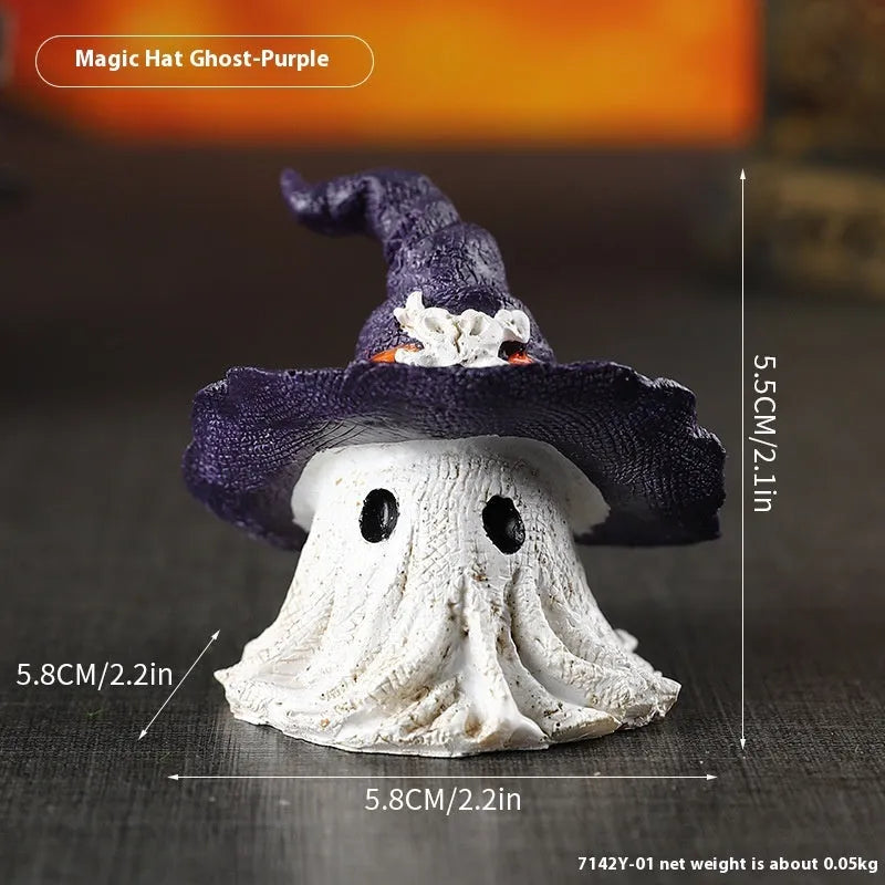 Resin wizard hat ghost ornament in black or purple for holiday decoration.
