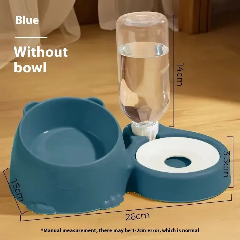 Double bowl automatic pet drinking fountain with stainless steel water reservoir and ceramic food compartments