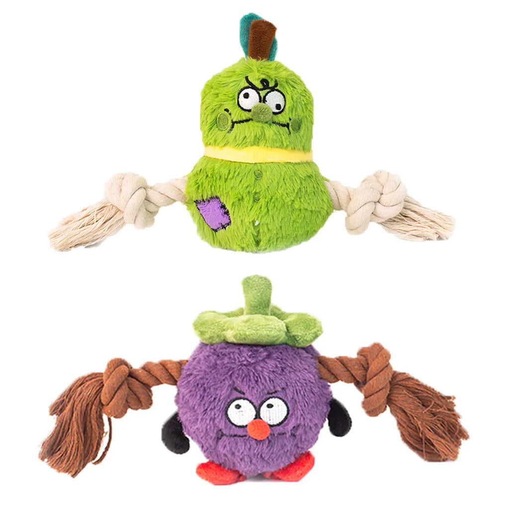Green and purple plush rope knot dog toy with tug of war design for interactive play and dental care