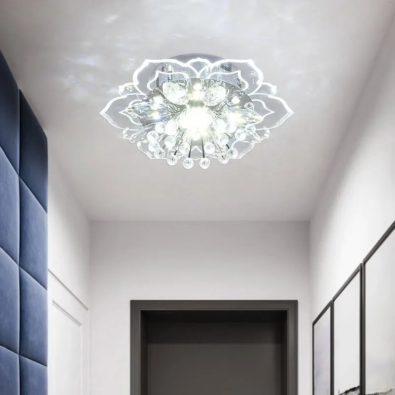 Small crystal ceiling lamp with flower-shaped shade showing concealed and exposed fitting options