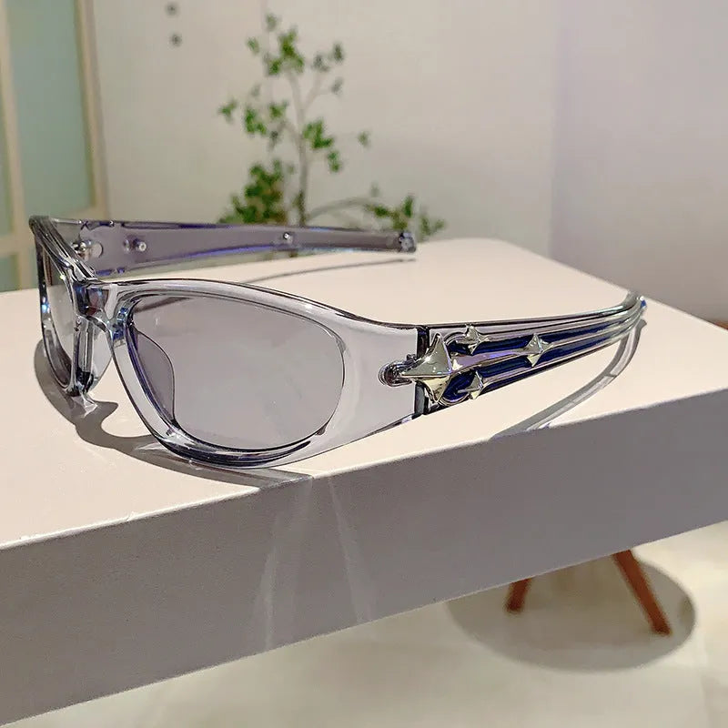 Sports sunglasses with PC frame and lenses in black and blue colour combination showing special-shaped mirror design