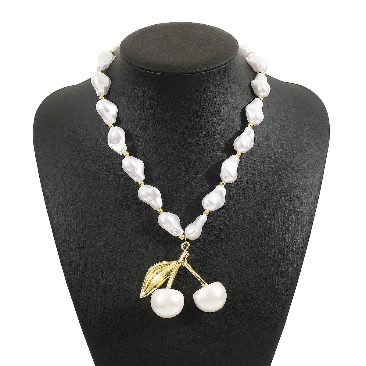 Gold geometric cherry fruit necklace with imitation pearls on adjustable chain for women