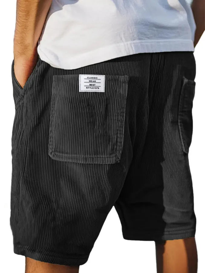 Men's straight-leg corduroy shorts with multi-pockets and embroidery detail in various colours