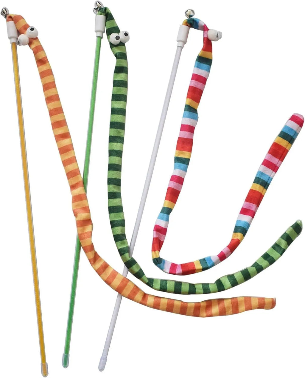 Cat wand toy with polycarbonate pole and long plush strip in vivid colours for interactive feline play