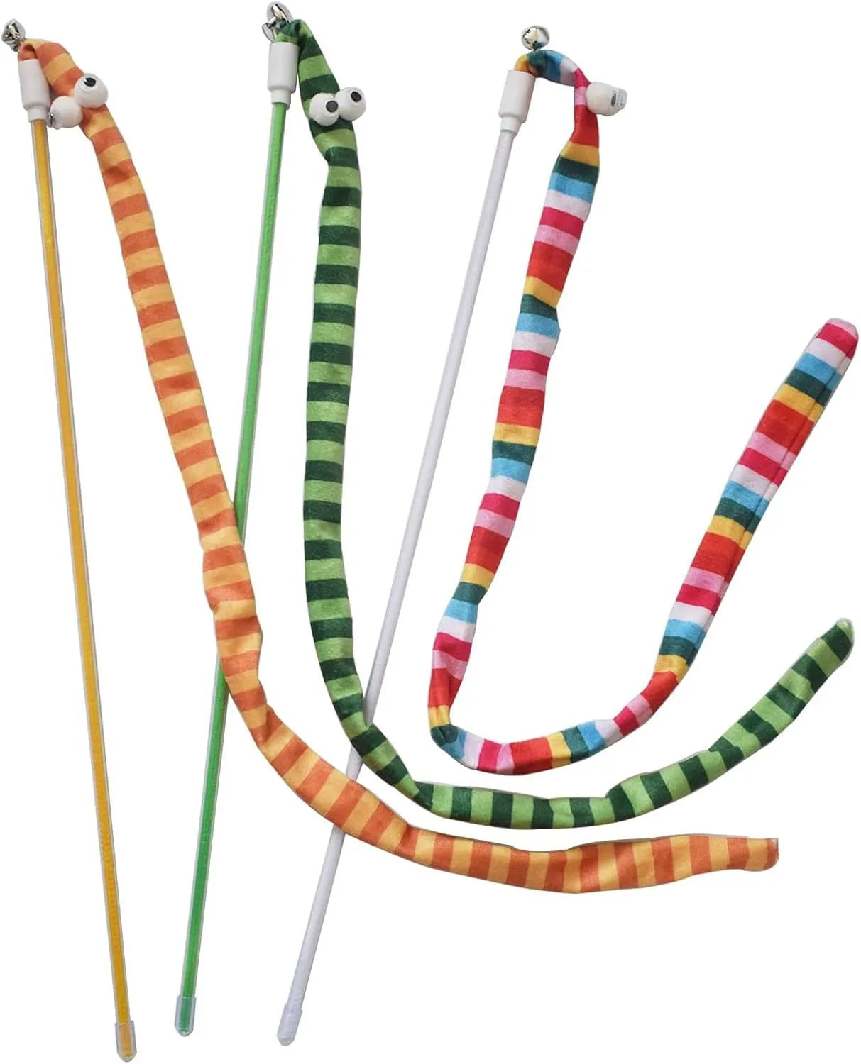 Cat wand toy with polycarbonate pole and long plush strip in vivid colours for interactive feline play