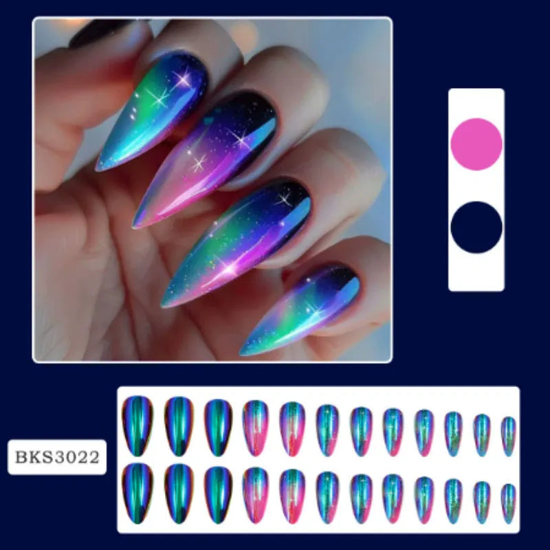 Almond-shaped nail stickers with tulip patterns in French leaves, macaron, leopard print, and plating designs