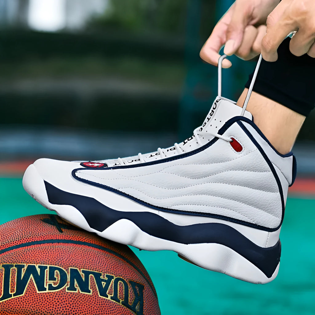Men's high-top basketball shoes with thick rubber sole and mesh upper in AJ13 white red colourway