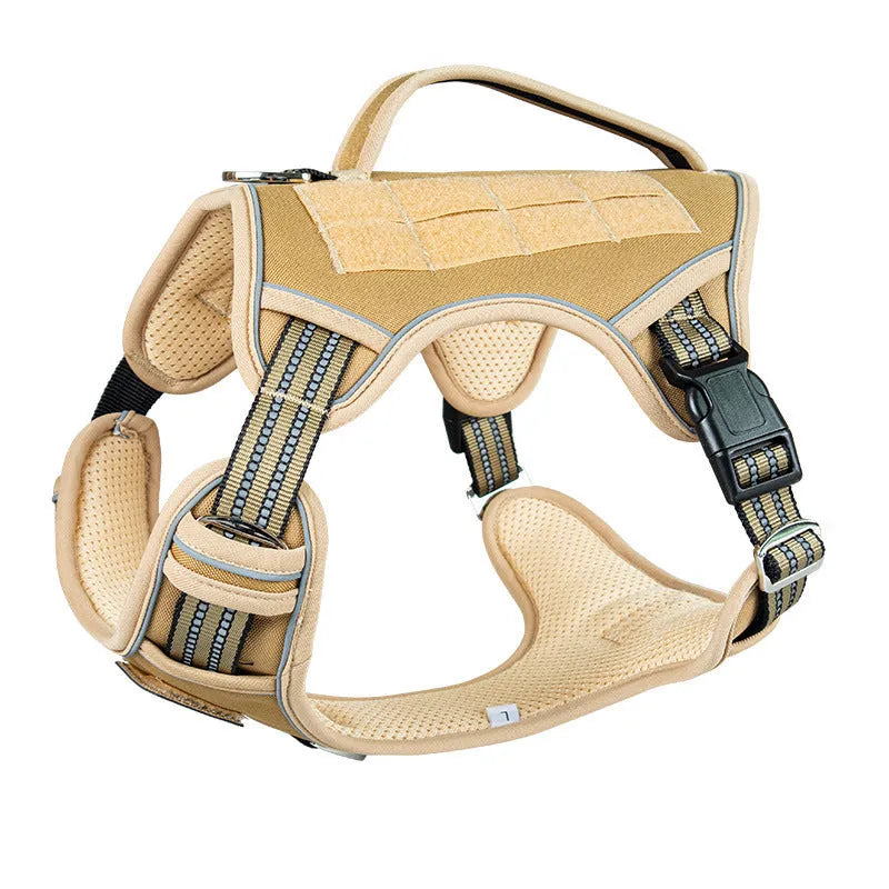 Tactical dog chest strap in oxford cloth, shown in olive green colour on a working dog.