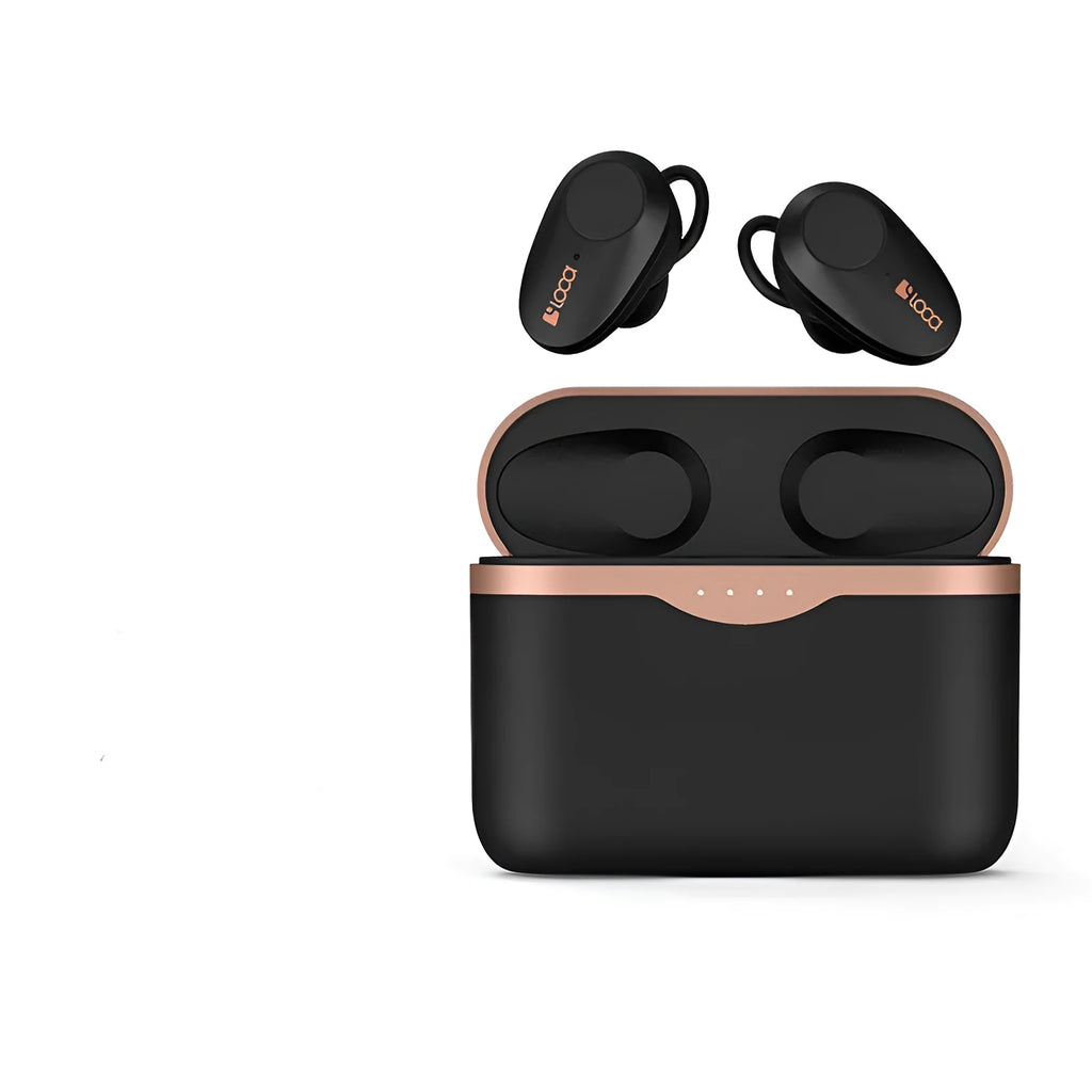 Black wireless Bluetooth headset with charging case showing ANC noise reduction and 10-metre range