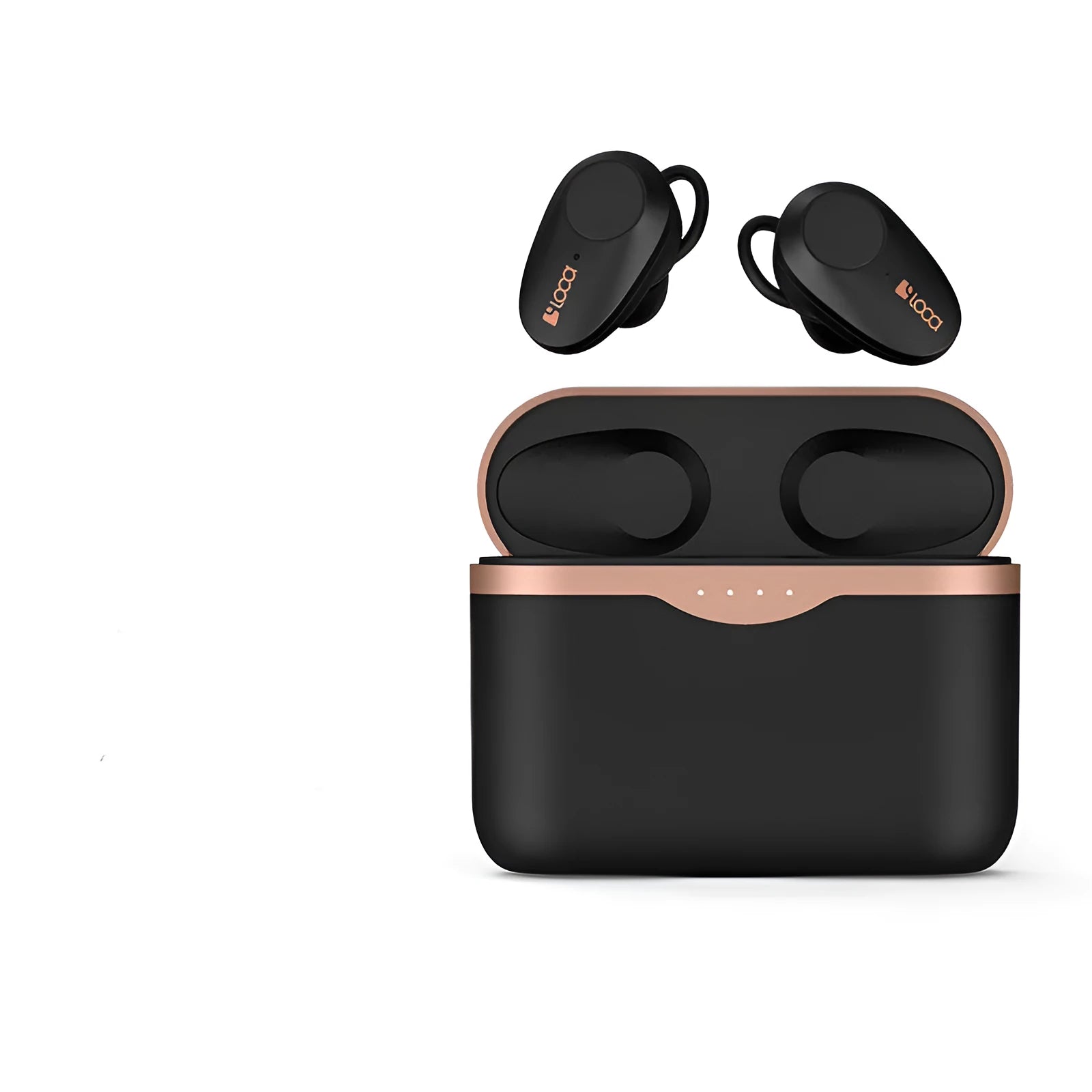 Black wireless Bluetooth headset with charging case showing ANC noise reduction and 10-metre range