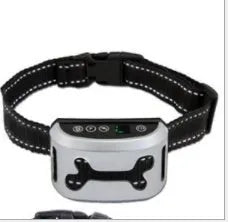 Electronic dog bark collar with digital display and adjustable black nylon strap.