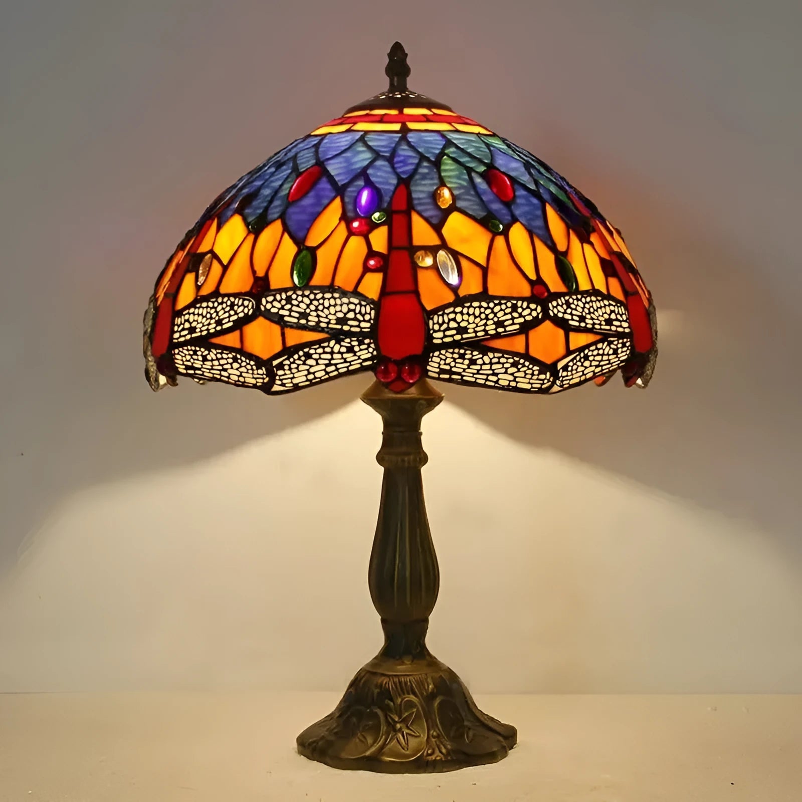 Stone table lamp with Tiffany-style dragonfly design in retro European style