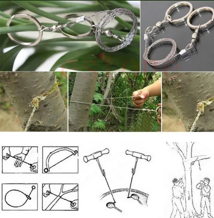 Stainless steel survival wire saw with thumb rings, total length 70cm for outdoor cutting tasks.