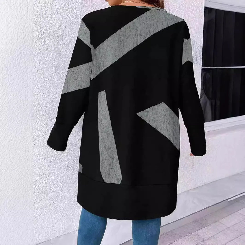 Black loose casual plus size cardigan coat with button stitching detail on polyester fabric