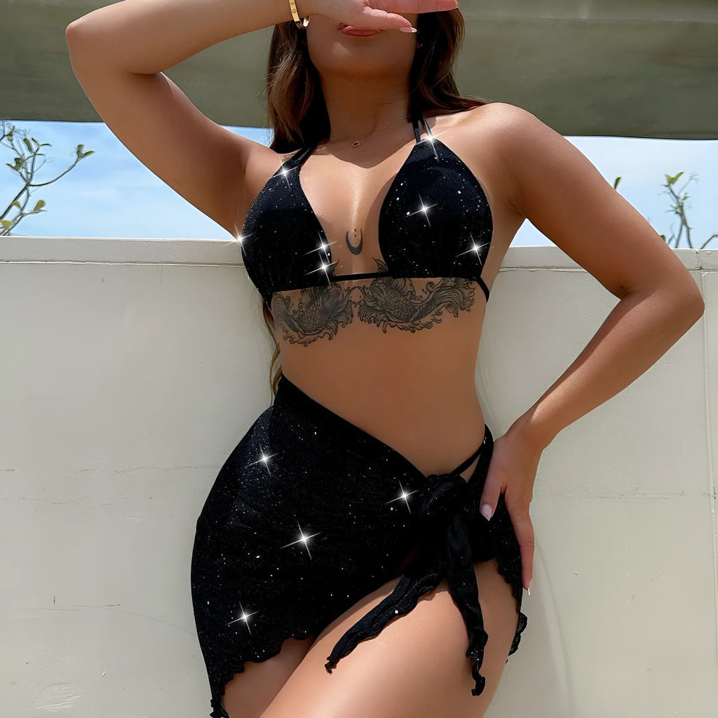 Black three-piece bikini swimsuit set showing separate top and shorts on mannequin