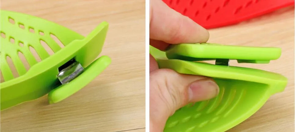 Silicone clip-on kitchen funnel with stainless steel buckle for pot draining and rice washing