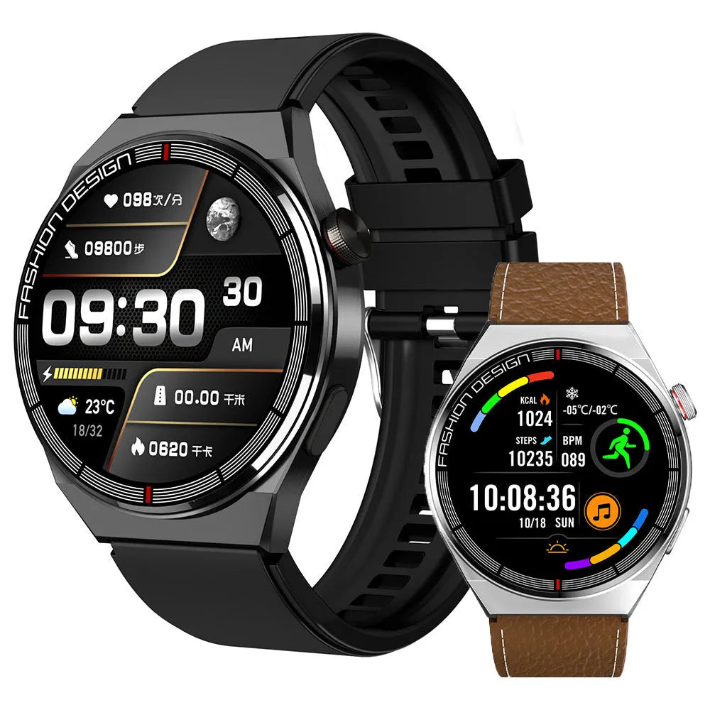 Black smartwatch with 1.28 inch screen showing heart rate and step count data on a silicone strap