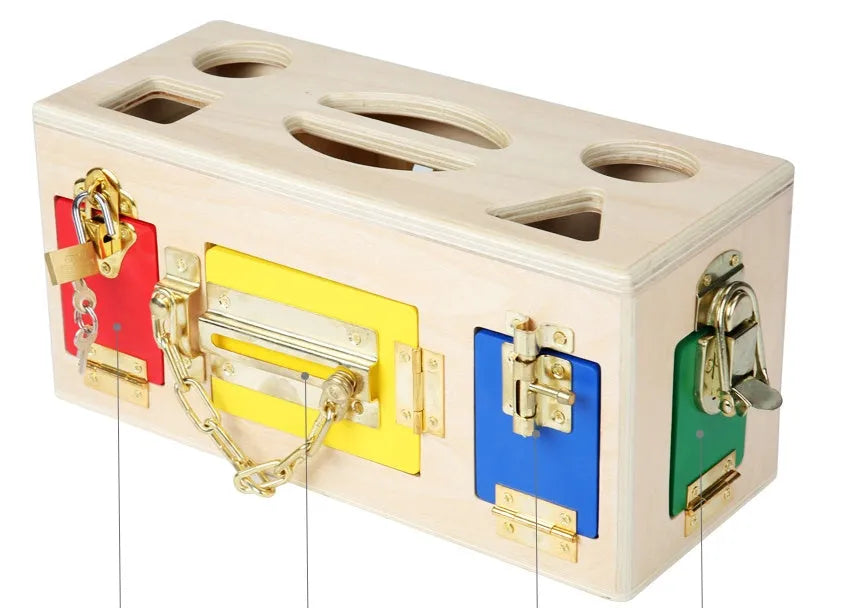 Wooden shape sorting lock box educational toy for preschool children with colourful shapes