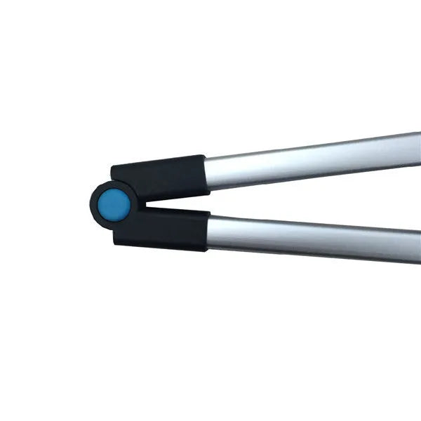 Blue foldable golf ball retriever with extended aluminium shaft and TPR grabber head.