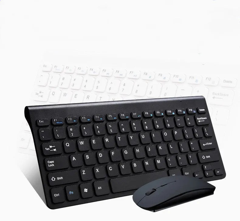 Black and white wireless keyboard and mouse set with 78-key compact layout and 4-button mouse