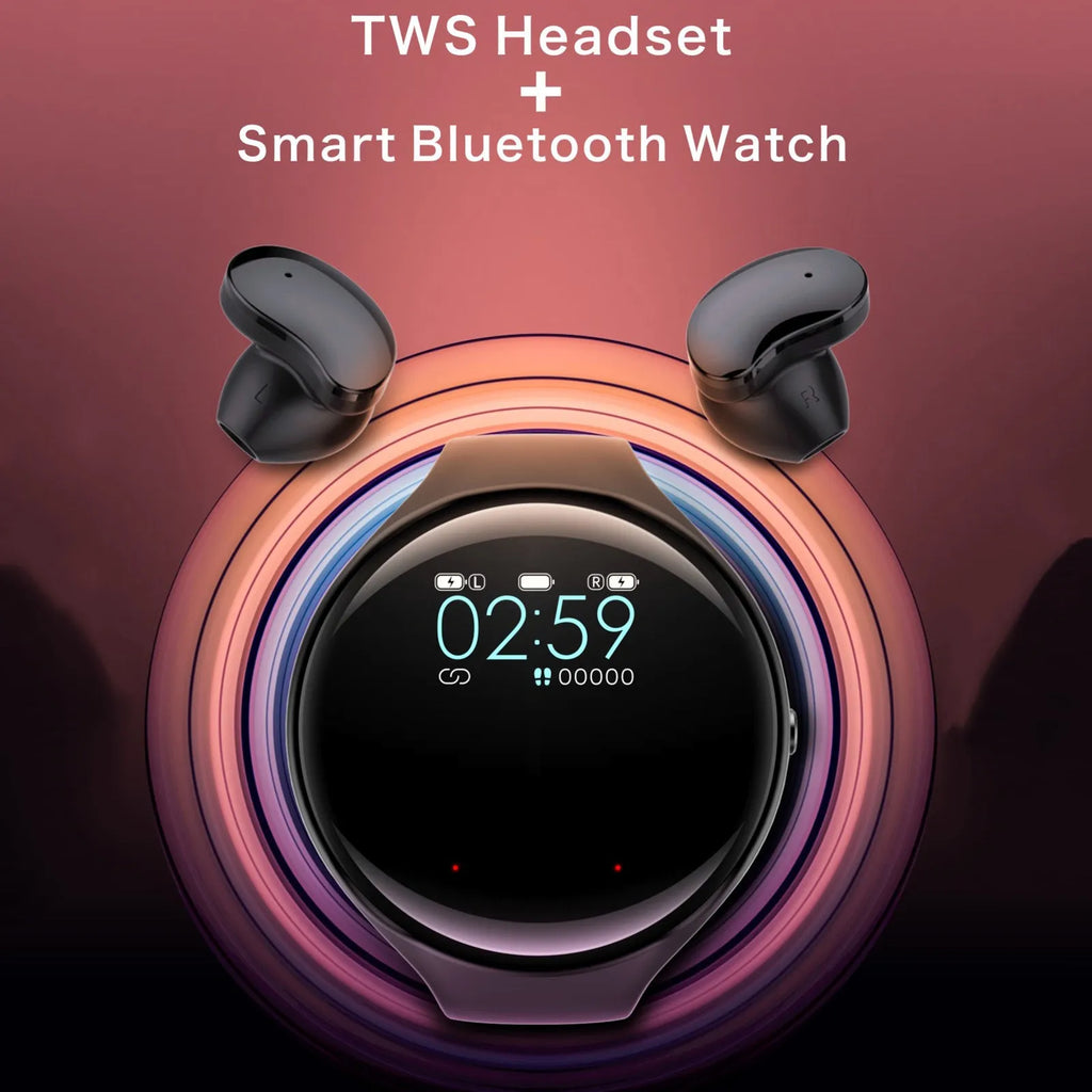Black detachable smart bracelet and Bluetooth headset combo showing colour screen and earbuds.
