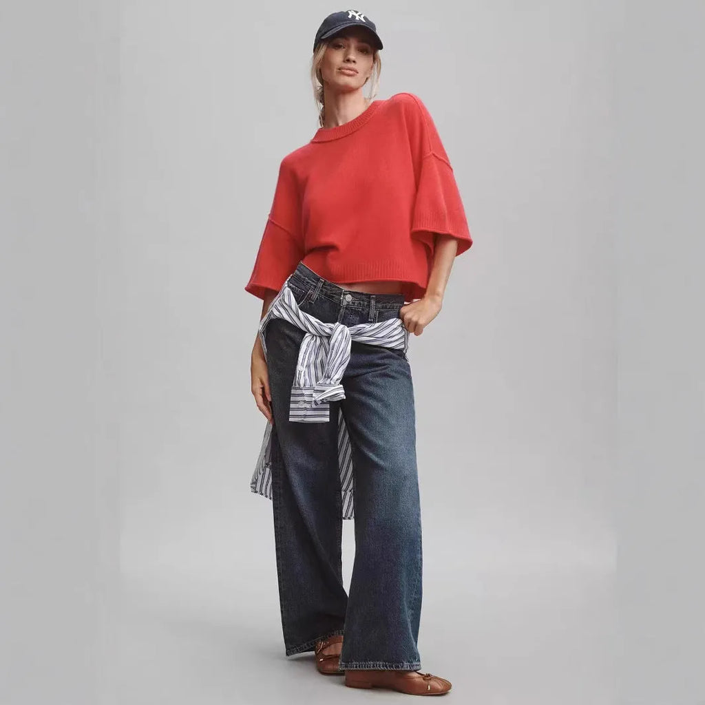 Red or white short viscose fibre T-shirt with an exposed navel cut, shown on a model.