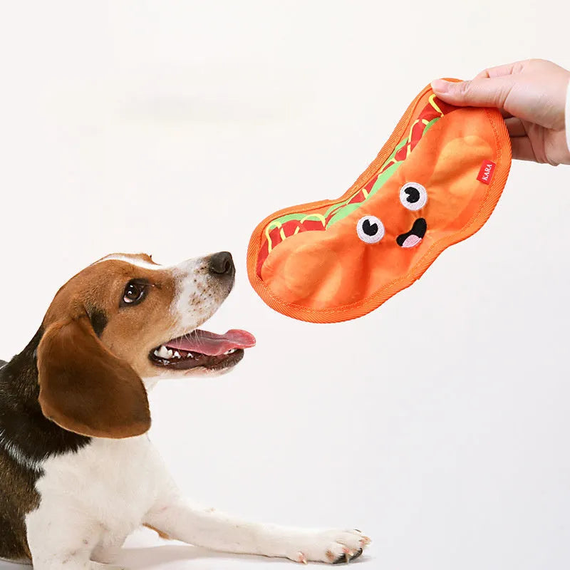 Crinkle and squeak dog toy in burger shape with no stuffing for puppies