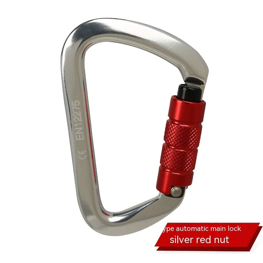 D-shaped rock climbing carabiner main lock with choice of threaded or automatic gate closure, shown in multiple colours.