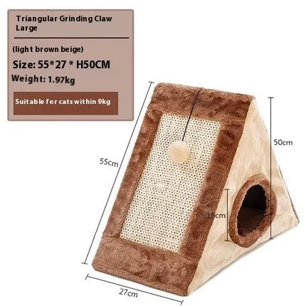 Grey and white triangle-shaped cat scratching post with an integrated plush fur bed for lounging.