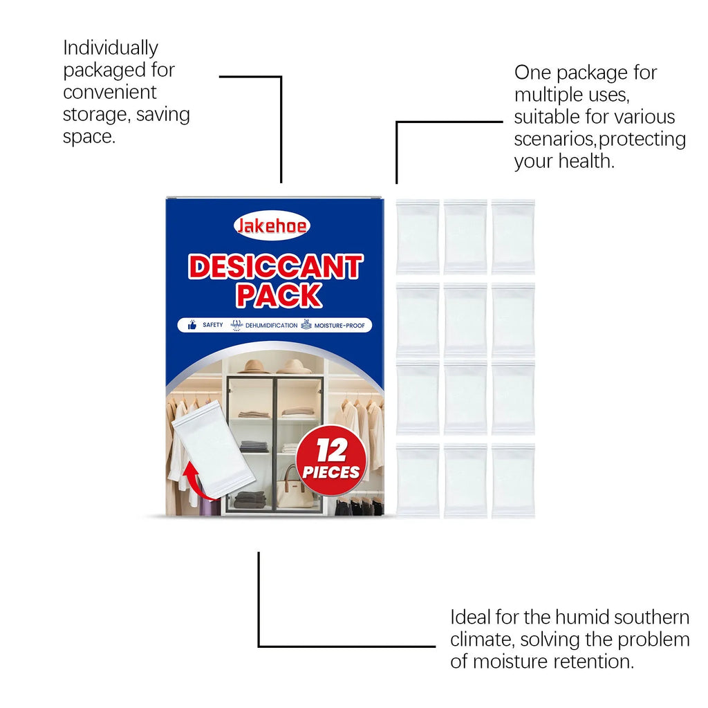 Pack of 12 white calcium chloride desiccant bags for absorbing household moisture and reducing damp.