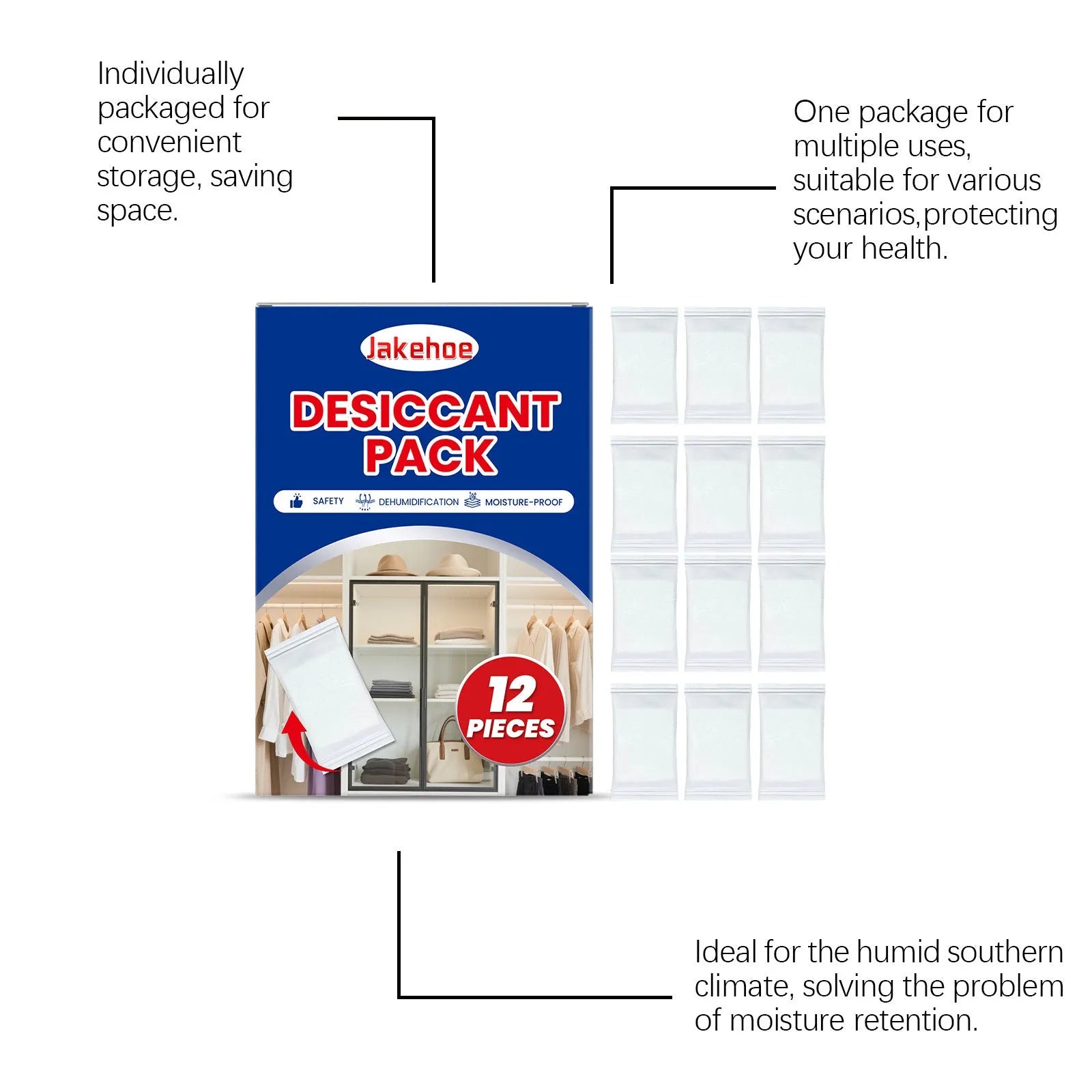 Pack of 12 white calcium chloride desiccant bags for absorbing household moisture and reducing damp.