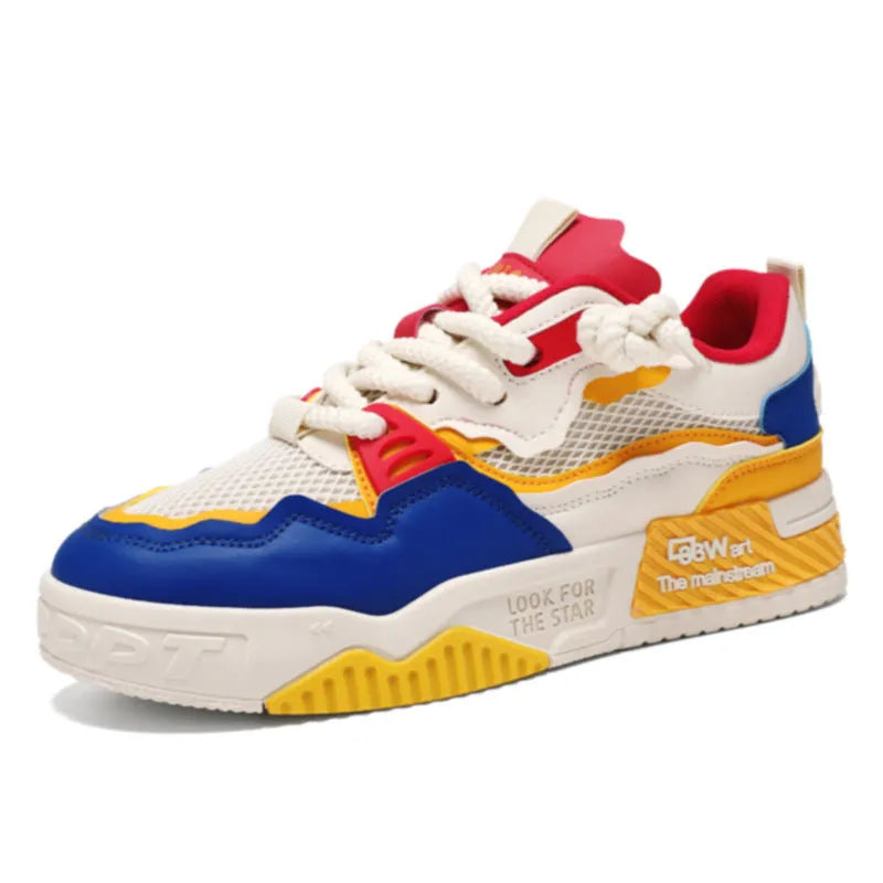 Men's soft bottom board shoes in three colour options: beige, white and black, white and yellow