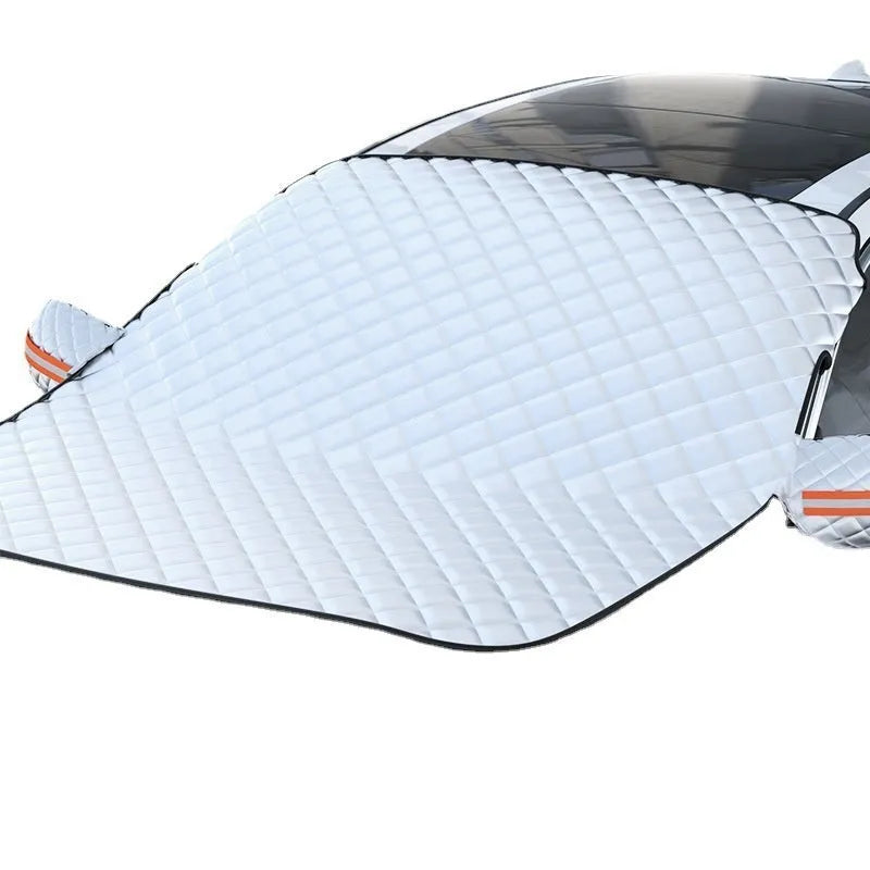 Thickened aluminium foil winter car cover for SUV windshield with magnetic fasteners.