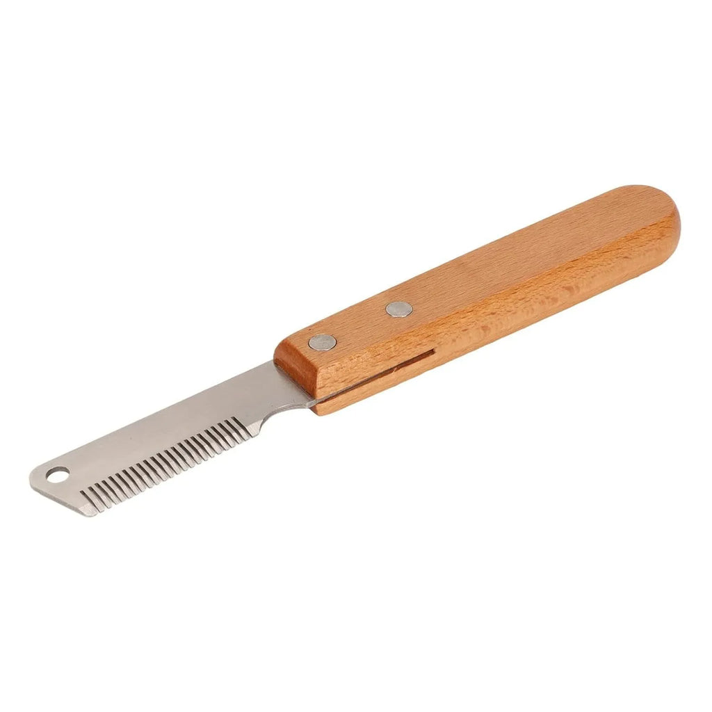 Pet grooming comb with wood handle and metal teeth for removing floating hair from dogs and cats