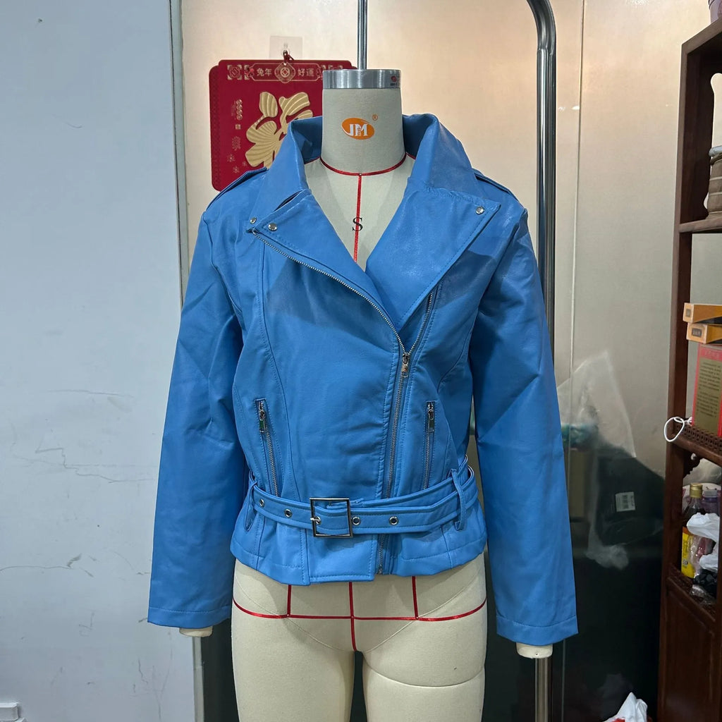 Black punk-style locomotive jacket with a drawstring waist, Peter Pan collar, and regular sleeves on a hanger.