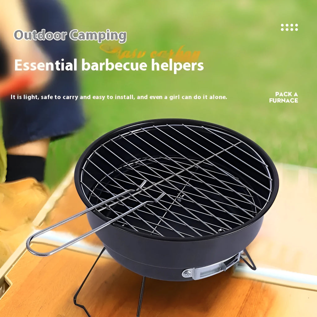 Compact round folding outdoor ice stove with barbecue grill mesh and detachable legs