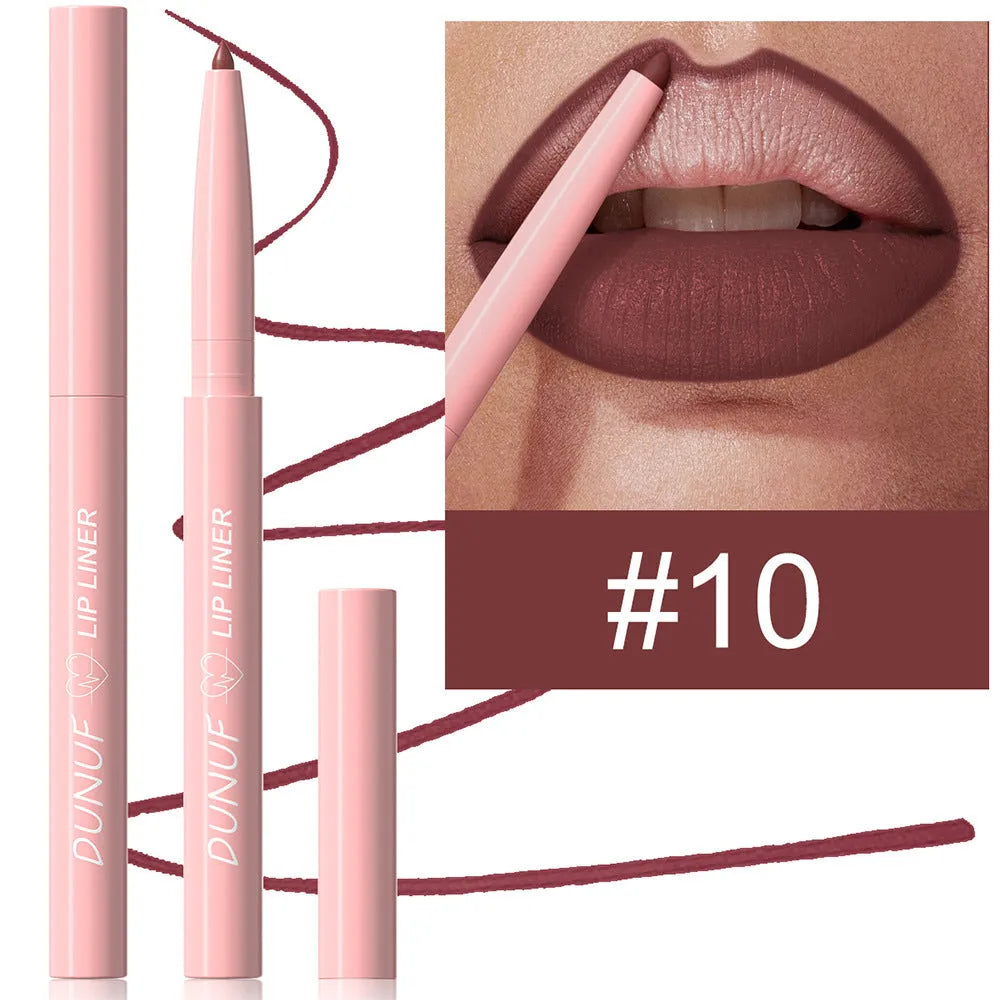 12 Colour Velvet Matte Lip Liner pencil showing range of nude, berry and brown shades.