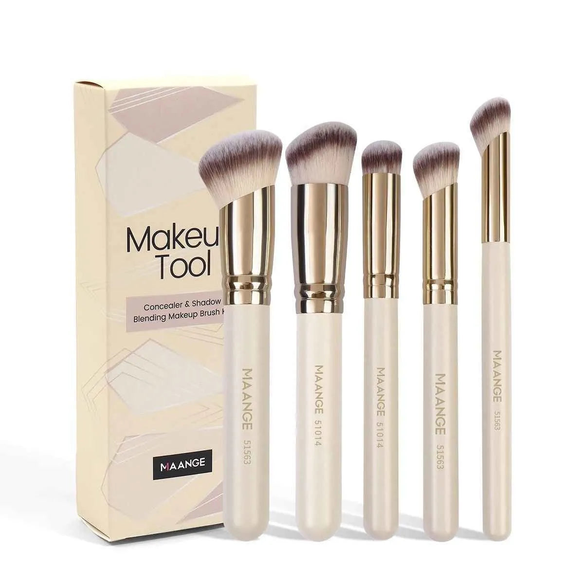 Five apricot-coloured makeup brushes with angled synthetic bristles for powder, blush and foundation application