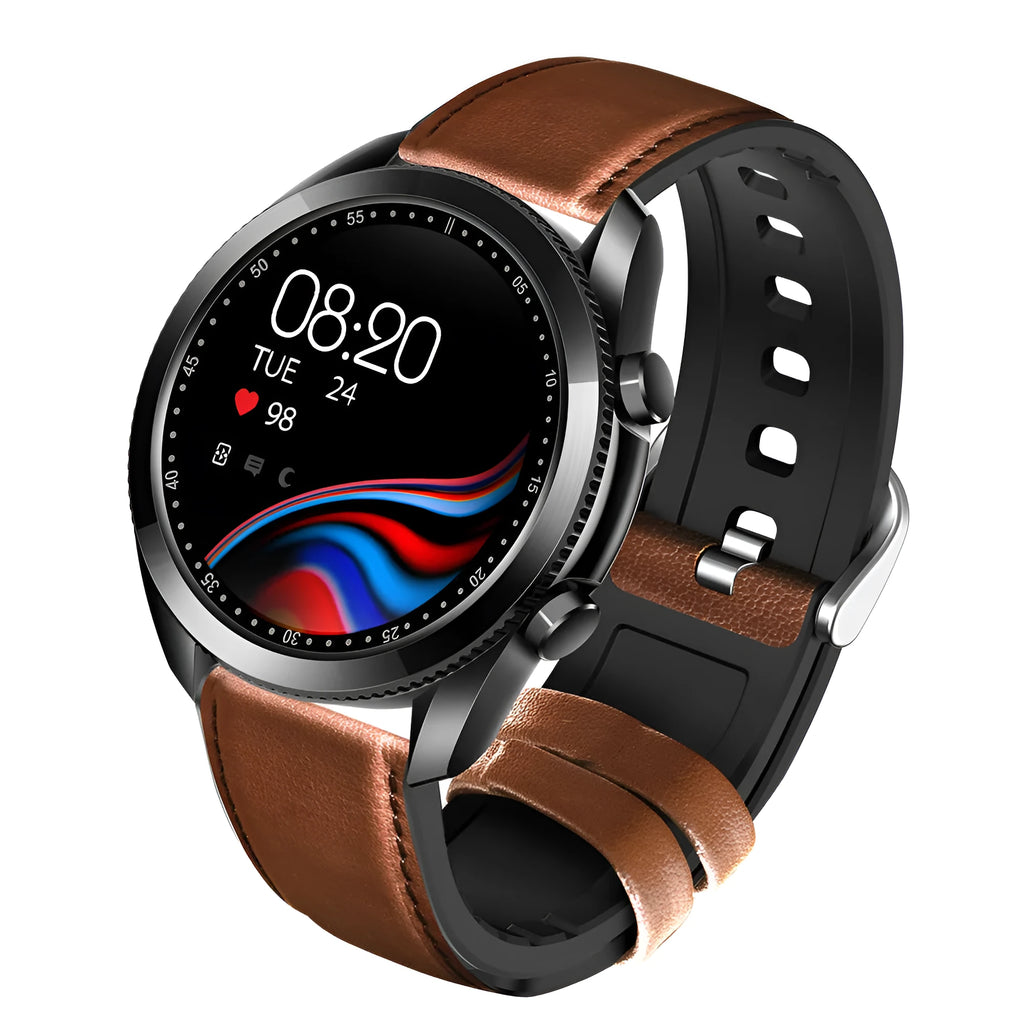 UM90 black smartwatch with large square screen and leather strap displaying heart rate data.