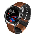 UM90 black smartwatch with large square screen and leather strap displaying heart rate data.