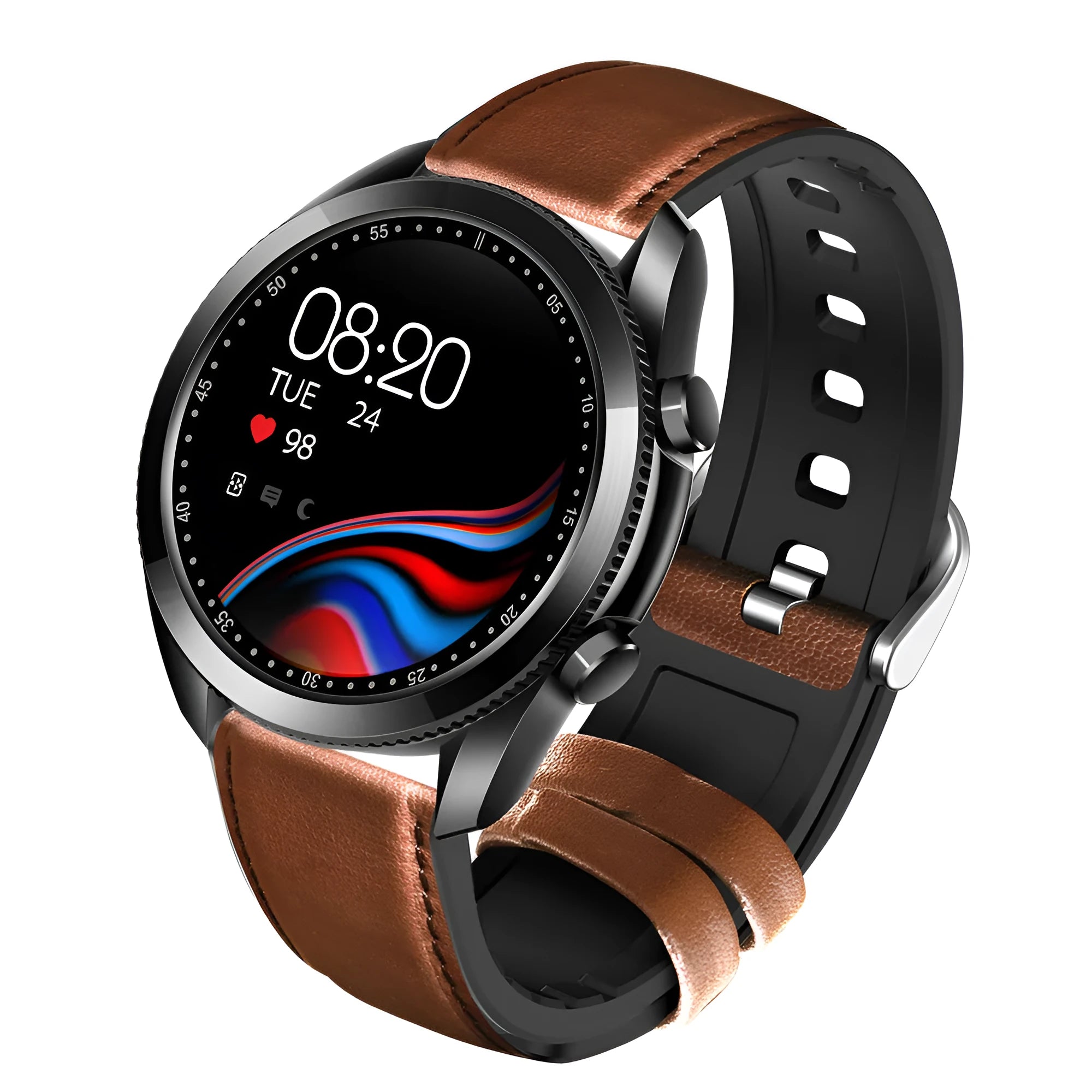 UM90 black smartwatch with large square screen and leather strap displaying heart rate data.