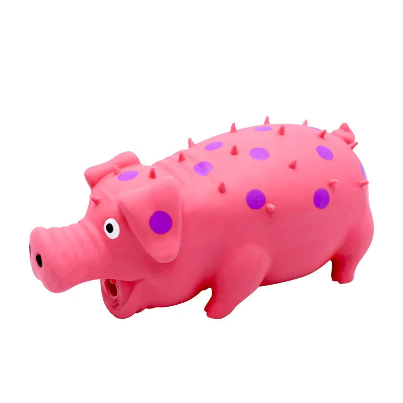 Blue latex pig-shaped dog chew toy with textured surface and squeaker for aggressive chewers