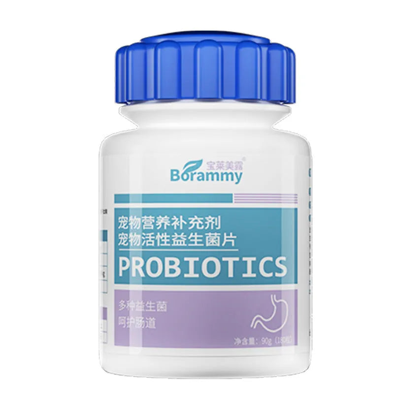 Bottle of pet probiotic tablets containing 180 count digestive health supplement for dogs and cats